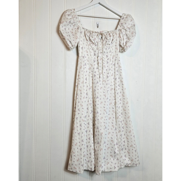 Texture-Si White Floral Milkmaid Dress Puff Sleeve Cottagecore Romantic Size M - Picture 2 of 16